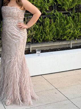 Mac Duggal Strapless Feather Hem Beaded Gown in Blush